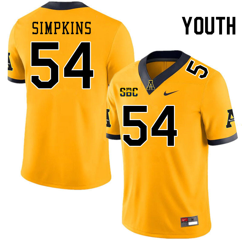 Youth #54 Gabriel Simpkins Appalachian State Mountaineers College Football Jerseys Stitched-Gold